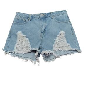 PrettyLittleThing Light Wash High-Rise Distressed Denim Jean Shorts